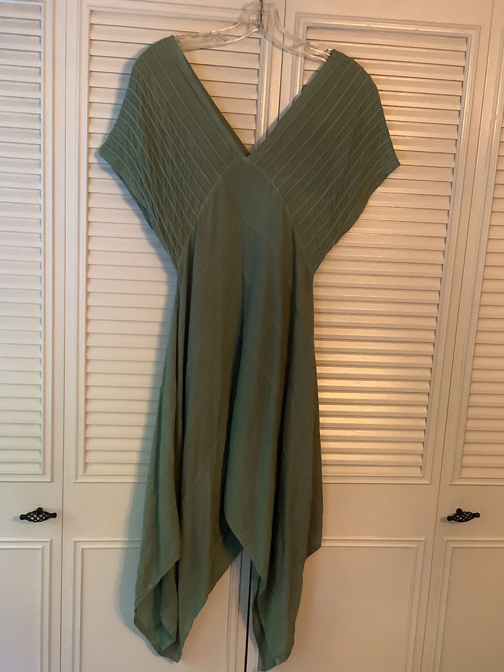 Asymmetrical Olive Green V-Neck Handkerchief Hem Dress